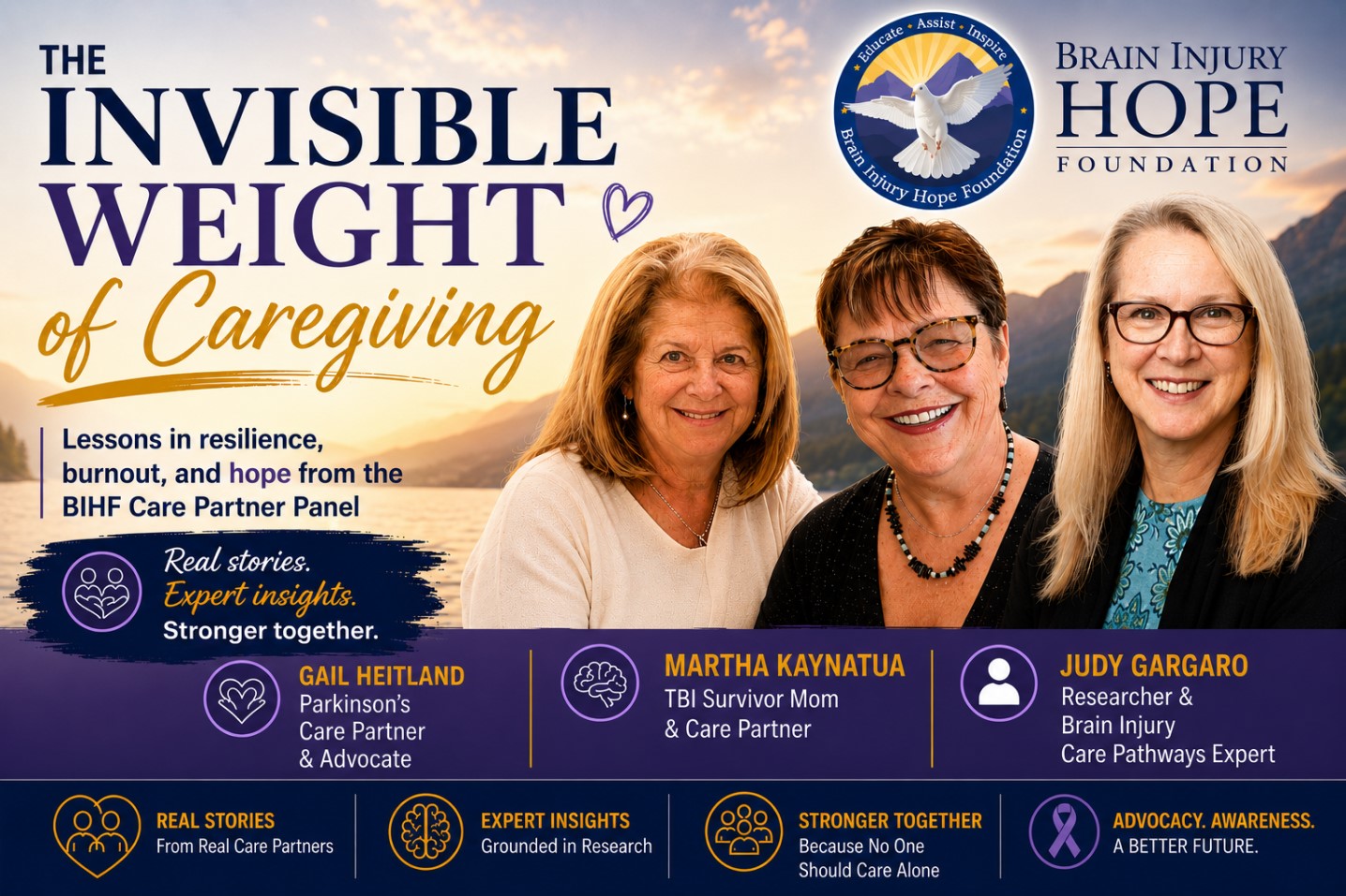 Brain Injury Hope Foundation Care Partner Panel featuring Gail Heitland, Martha Kaynatua, and Judy Gargaro discussing caregiving, resilience, caregiver burnout, and brain injury support.